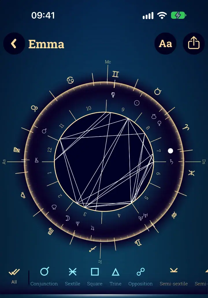 Natal chart wheel in the Tarot Card Reading app