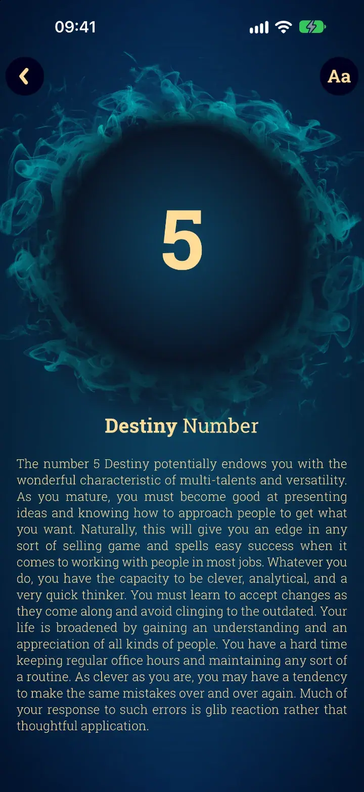 Destiny Number 5 screen in the app