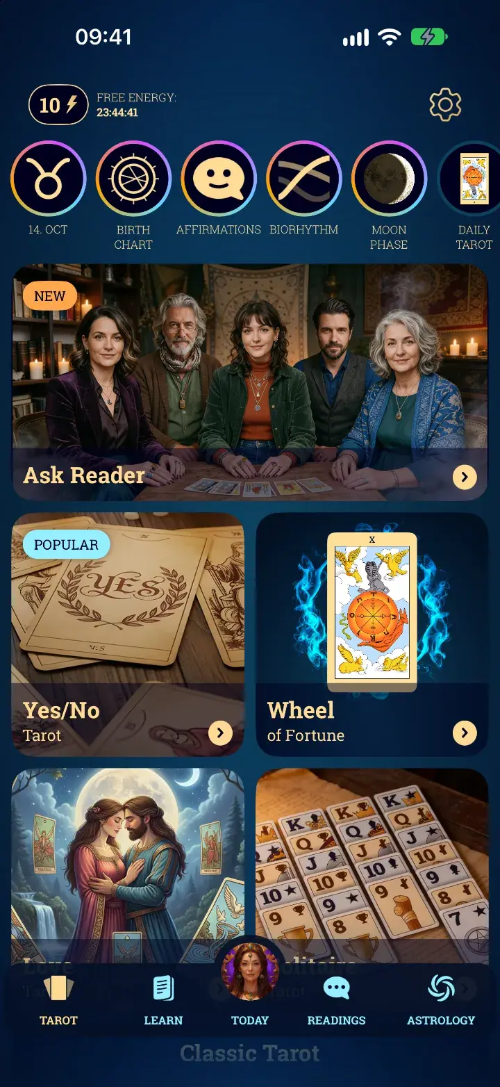 Home feed screen in the Tarot Card Reading app