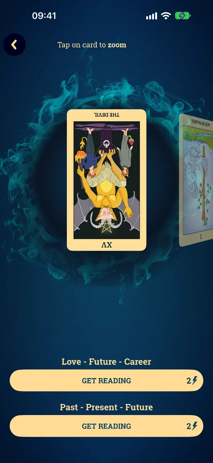 Three-card spread screen in the Tarot Card Reading app