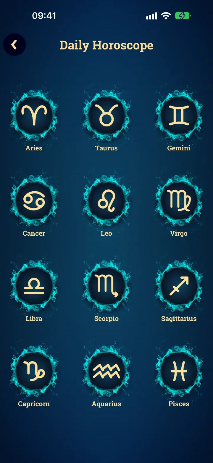 Zodiac signs screen in the Tarot Card Reading app